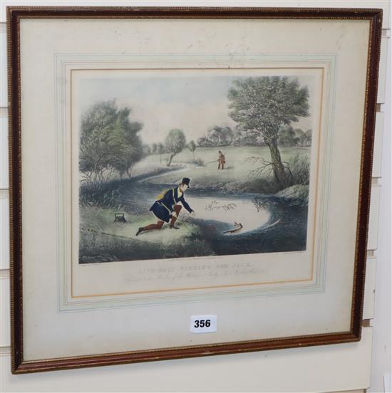 Reeve after Pollard, coloured print, Live bait fishing for Jack, 28 x 32cm
